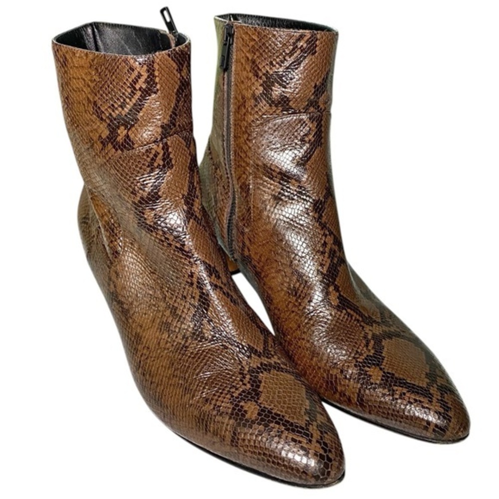 Vince Alder Snake Brown Skin Embossed Leather Ankle Boots Pointed Toe Booties